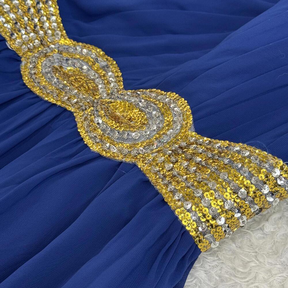 JJ’s House Women’s One-Shoulder Royal Blue Evening Dress Gold Sequins - size S/M - Picture 4 of 7